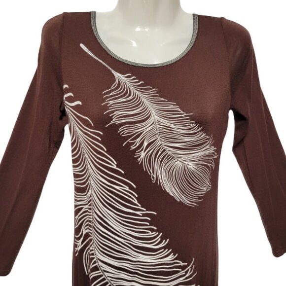Long Sleeve Brown Mini Dress Tunic Top  Sequin Embellished White Feather Motif - Picture 3 of 7